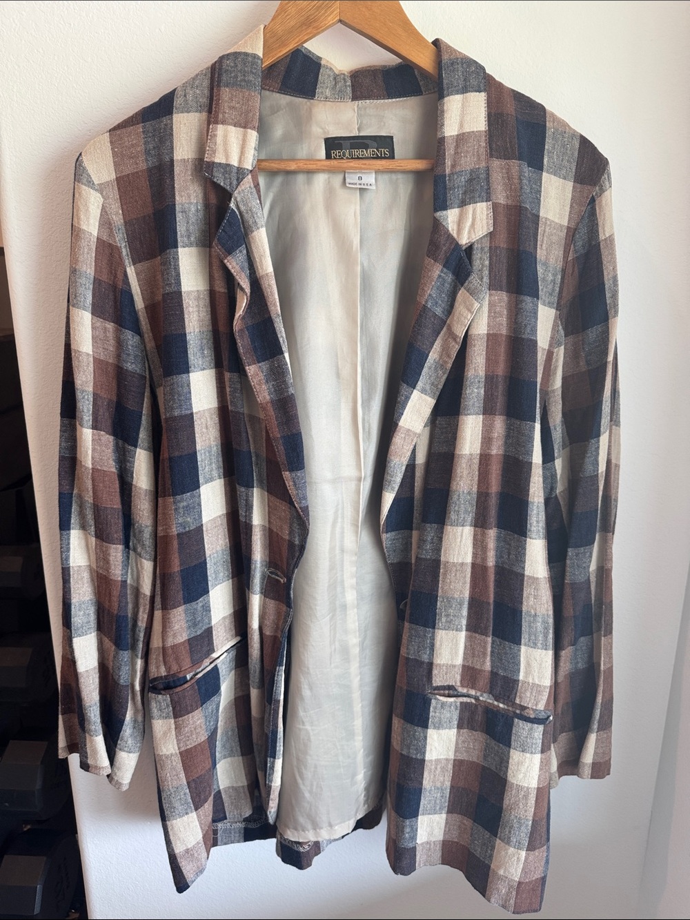 Requirements Plaid Open-Front Blazer in Brown, Navy & Cream